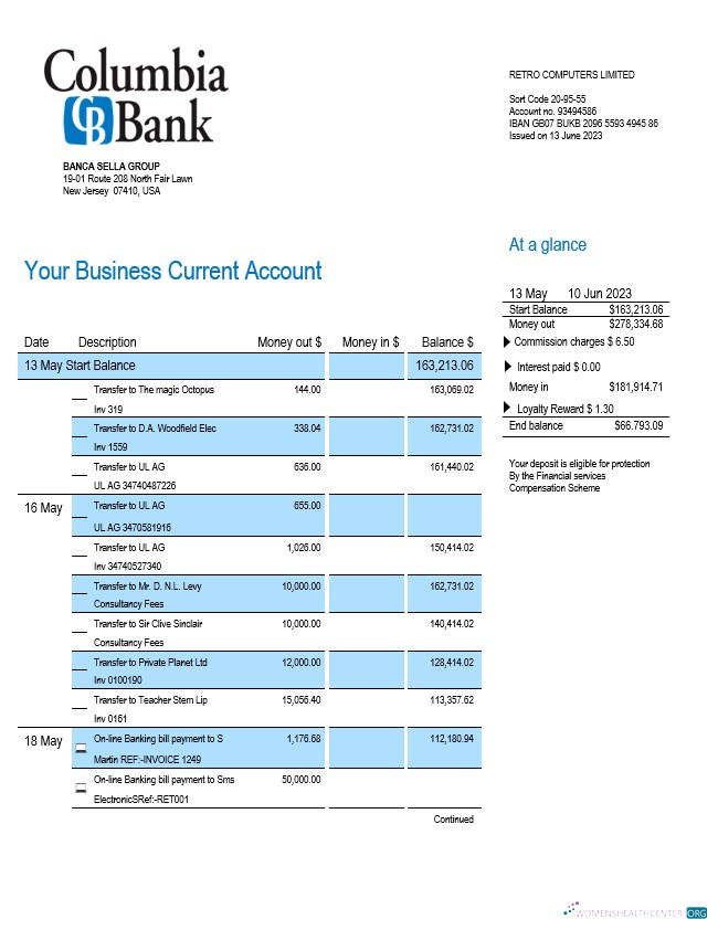 Download Columbia Bank enterprise account statement Word and PDF template Photoshop template